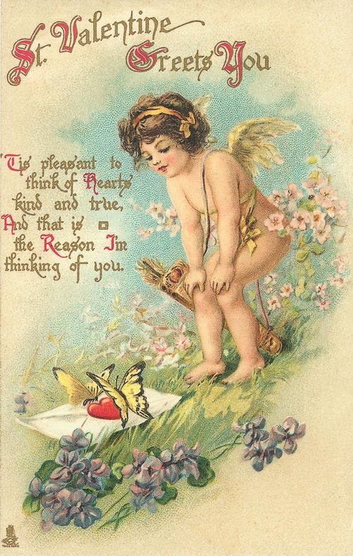 Edwardian St. Valentine Greeting Card with Cherub & Flowers