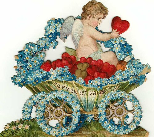 Victorian Valentine Cupid Die-Cut with Blue Flowers & Red Hearts