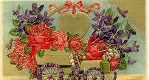 Victorian Floral Greeting Card with Red Roses & Purple Violets