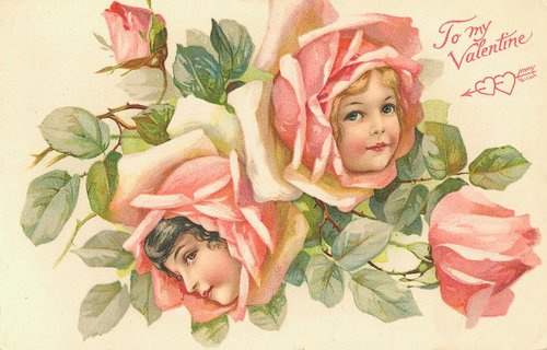 Victorian Valentine with Child Faces in Pink Roses