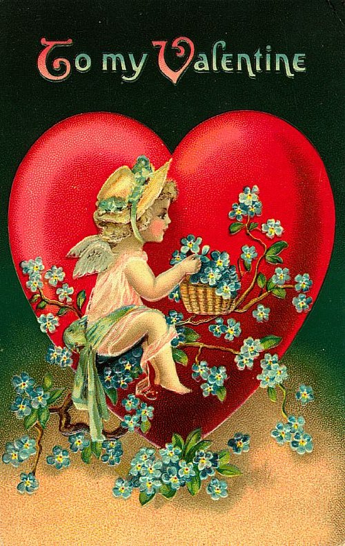 Victorian Valentine Cupid with Forget-Me-Nots - Antique Greeting Card