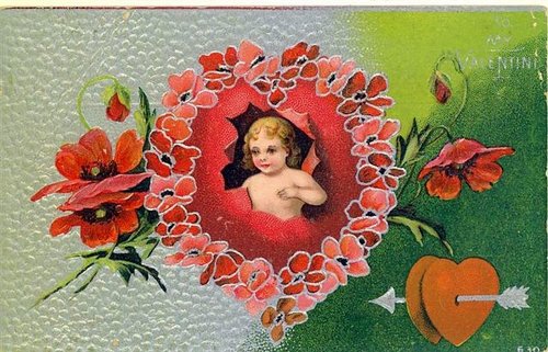 Victorian Valentine Cupid Heart Poppy Flowers Greeting Card