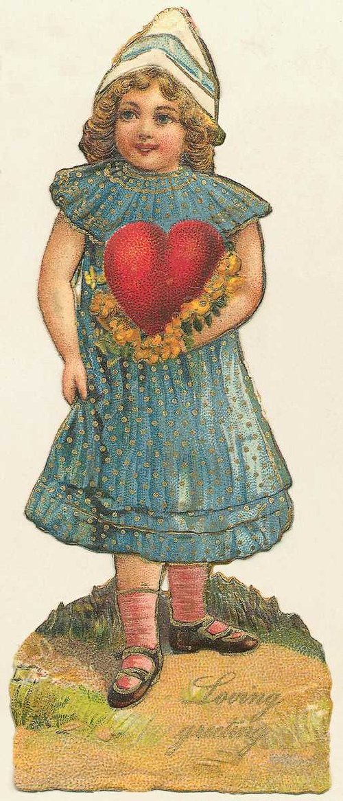 Victorian Die-Cut Valentine Girl with Heart | Vintage Greeting Card