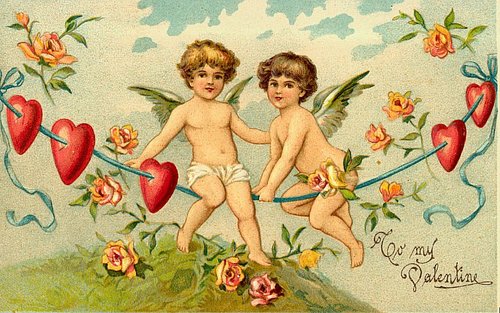 Victorian Valentine Cherubs with Hearts & Roses Greeting Card