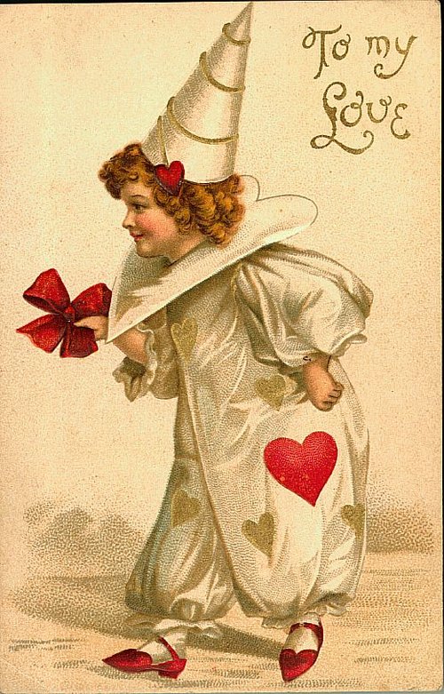 Victorian Love Greeting Card: Pierrot Clown with Red Hearts