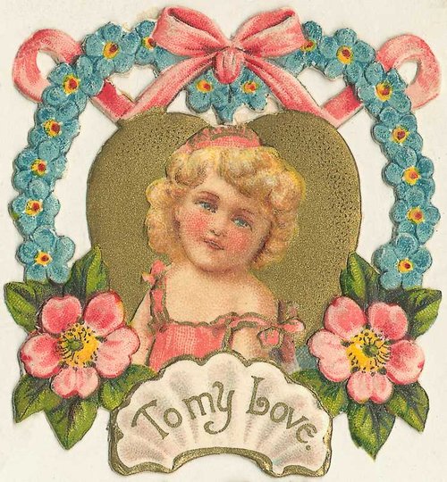 Victorian Die-Cut Greeting Card with Cherub & Forget-Me-Nots