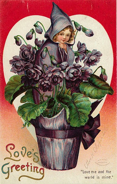 Vintage Love's Greeting Valentine Card with Girl in Purple Flowers