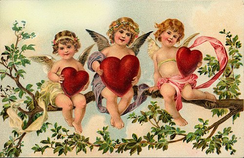 Victorian Cherub Angels with Red Hearts Greeting Card