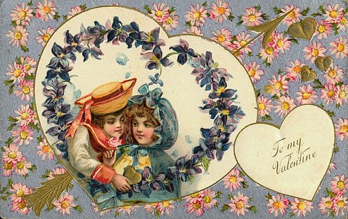 Victorian Valentine Card with Children & Violet Wreath