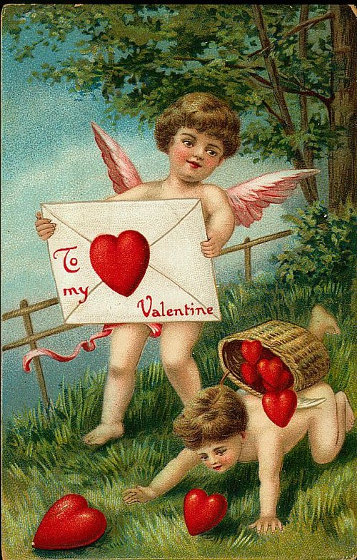 Victorian Valentine's Day Card with Cherubs and Hearts