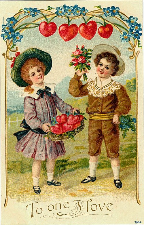 Victorian Valentine: Children with Hearts & Flowers Greeting Card