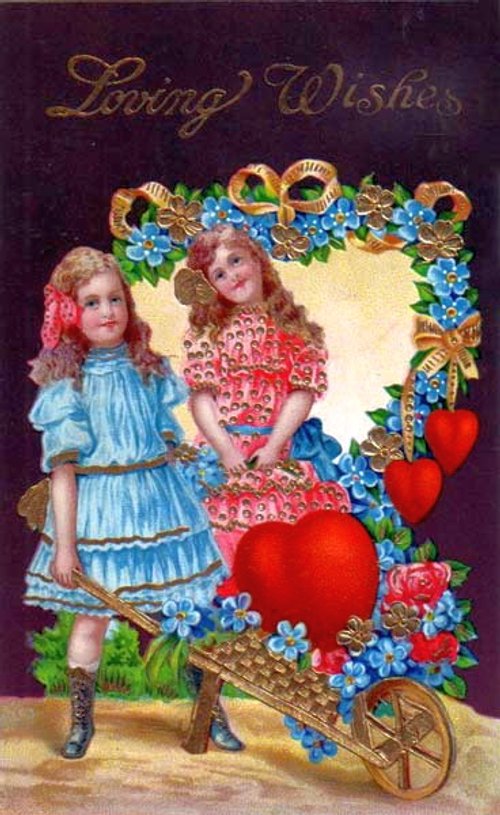 Victorian Valentine Greeting Card with Children & Hearts