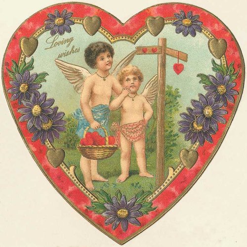 Victorian Cherub Valentine Die-Cut Heart Card, Purple Flowers