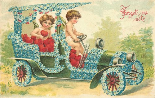 Victorian Cupid Cherub Flower Automobile 'Forget Me Not' Greeting Card