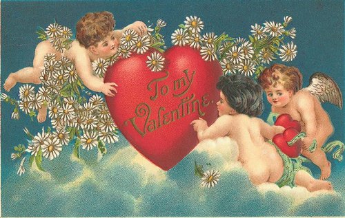 Victorian Valentine's Day Card with Cherubs and Daisies