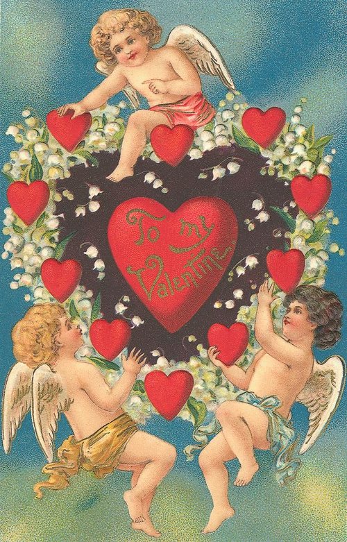 Victorian Valentine Cherub Angels Hearts Lily of the Valley Greeting Card