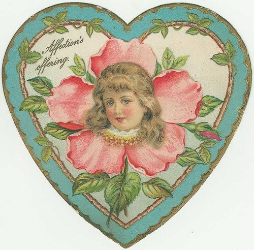 Victorian Heart-Shaped Valentine Card with Child & Pink Roses