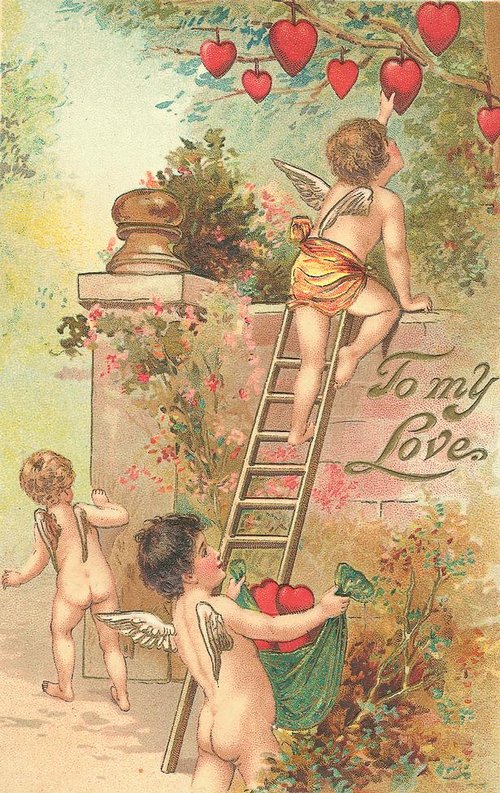 Victorian Cupid Love Card: Cherubs Harvest Heart Fruit