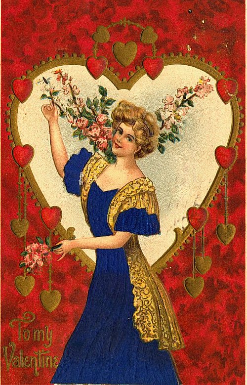 Edwardian Valentine's Day Card: Woman in Blue with Roses & Hearts