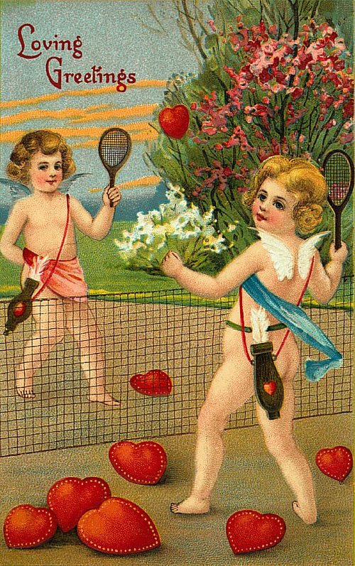 Edwardian Cherubs Playing Tennis Valentine Greeting Card