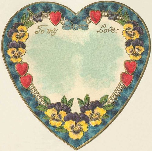 Victorian Heart-Shaped Valentine with Pansies & Love Text