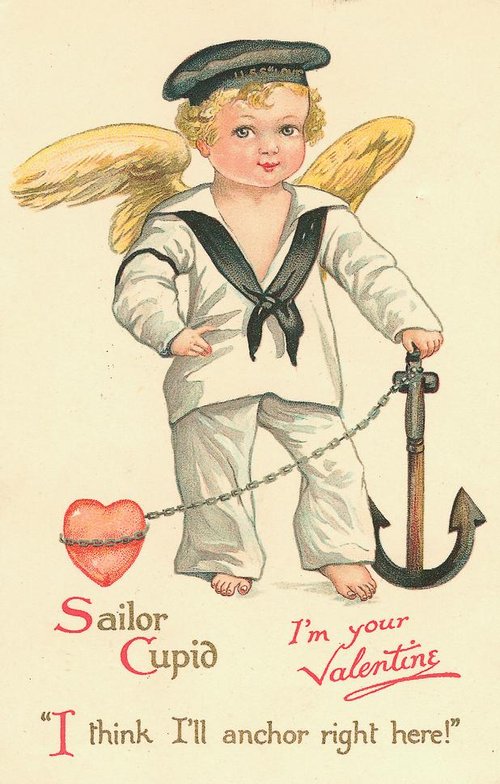 Sailor Cupid Valentine Card, Edwardian Winged Cherub Anchor