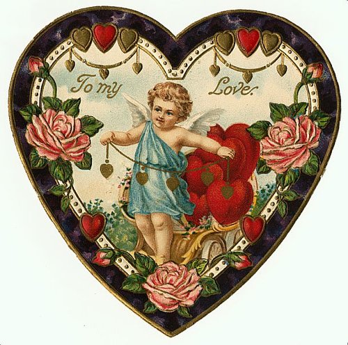 Victorian Die-Cut Valentine with Cupid, Roses & Hearts