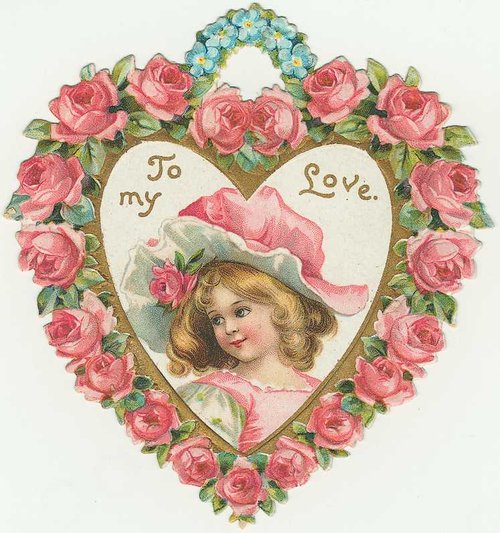Victorian Valentine Die-Cut with Pink Roses & Girl Portrait