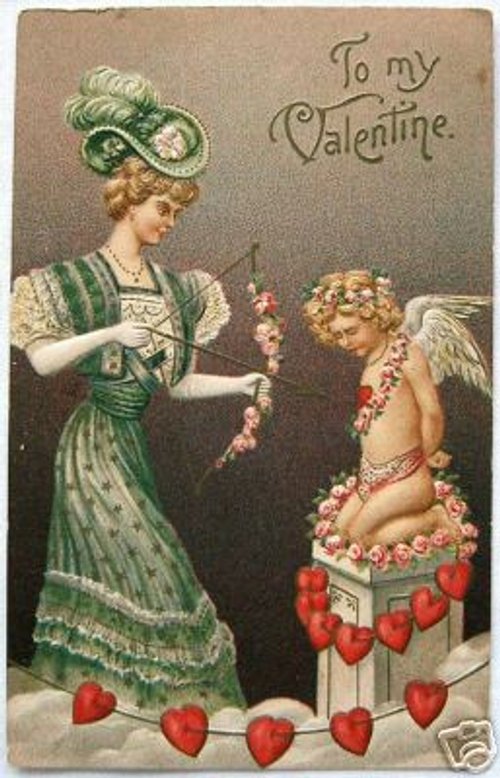 Edwardian Valentine's Day Card: Woman & Cherub with Heart Garland