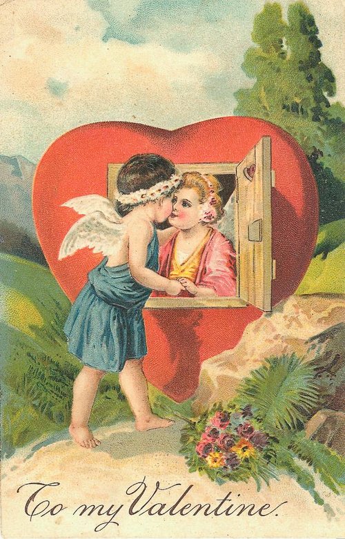 Victorian Cupid Valentine Card - Winged Angel & Romantic Heart Door
