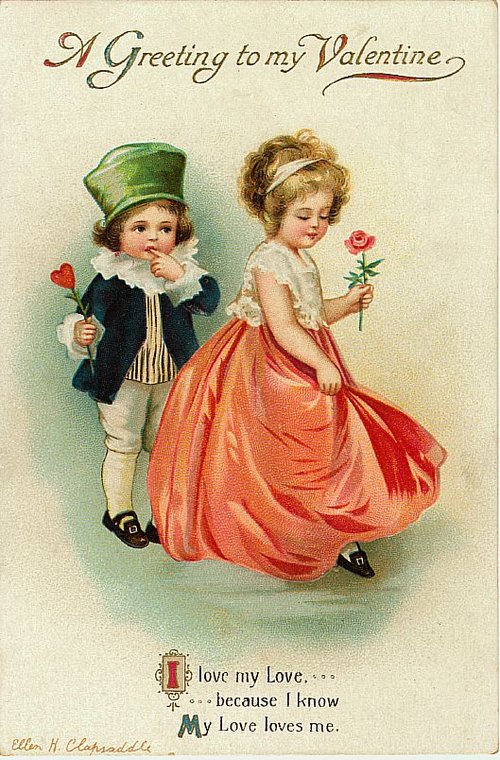Victorian Valentine's Day Greeting Card with Children & Flowers
