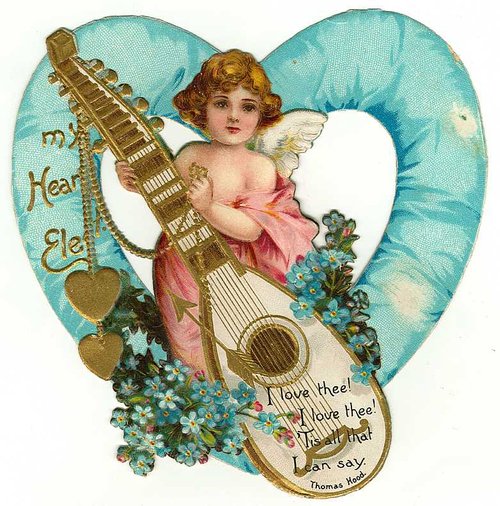 Victorian Cupid Valentine Card with Lute and Forget-Me-Nots