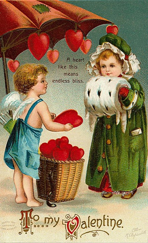 Victorian Valentine Card with Cherub & Heart Baskets | Chromolithograph
