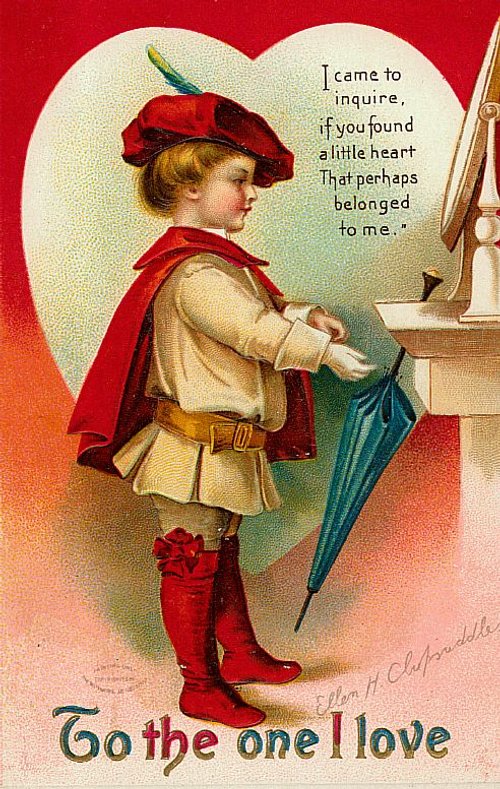 Victorian Valentine: Red-Cloaked Child with Umbrella & Lost Heart