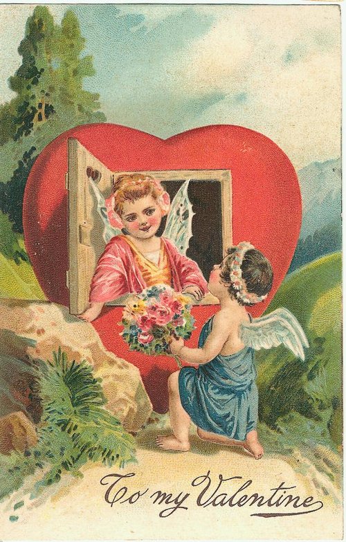 Victorian Valentine's Day Card with Cherub & Heart-Shaped House