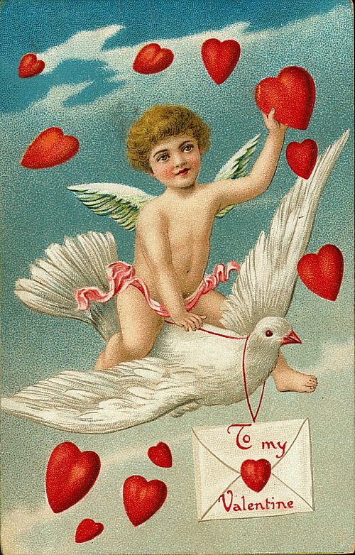 Victorian Cupid Valentine Card with Dove and Floating Hearts