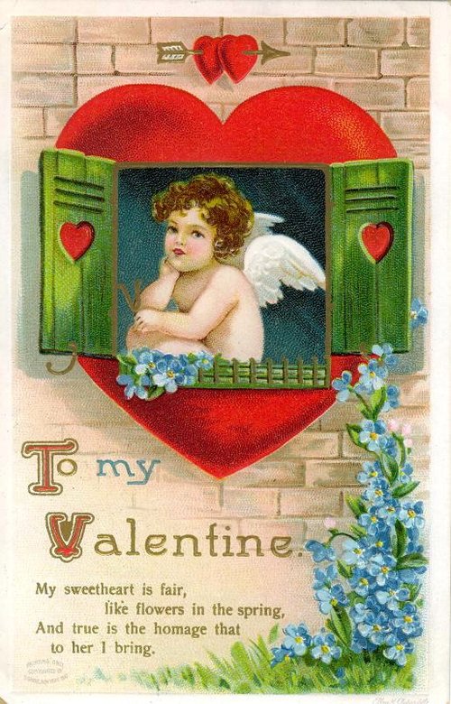 Victorian Valentine Cupid Window Heart Forget-me-nots