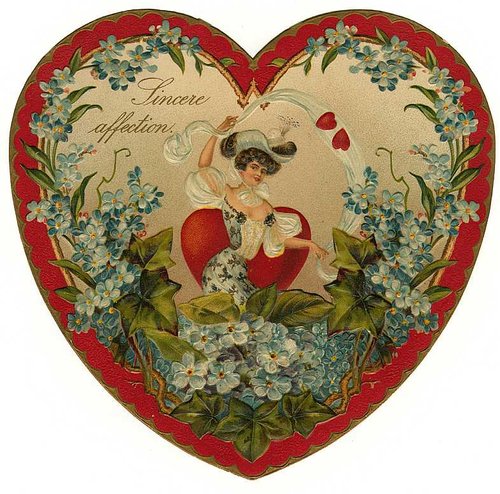 Victorian Valentine Die-Cut Heart with Woman & Forget-Me-Nots