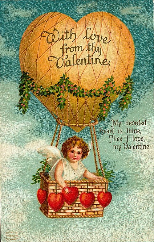 Vintage Valentine Hot Air Balloon Cupid Heart Card
