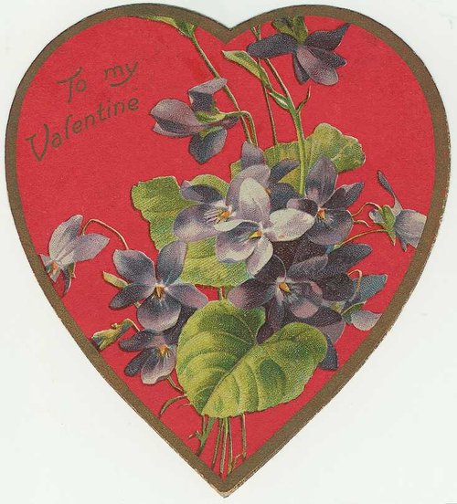 Victorian Valentine Card with Purple Violets Heart-Shaped Die-Cut
