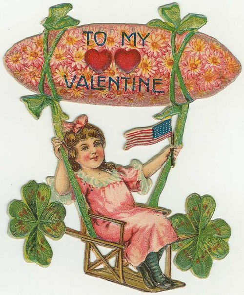 Victorian Valentine's Day Die-Cut Card with Girl & Patriotic Design