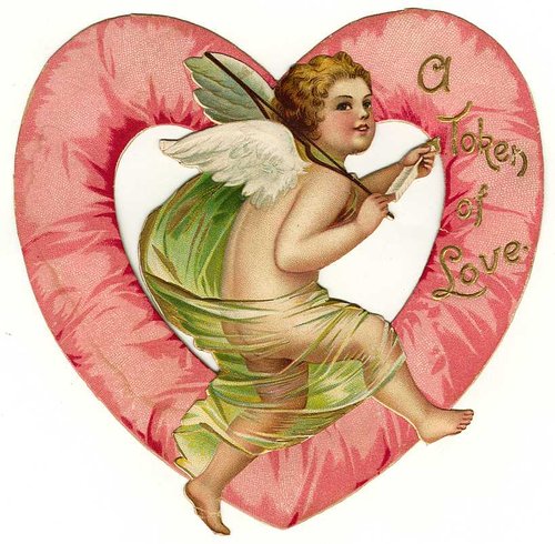 Victorian Cupid Valentine Die-Cut Greeting Card Pink Heart