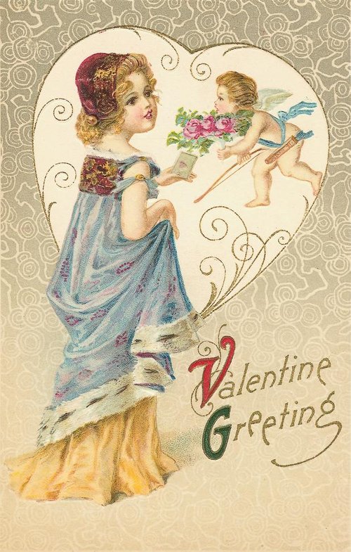 Victorian Valentine Greeting Card with Cupid & Young Girl