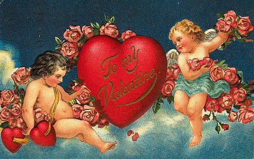 Victorian Valentine Cherubs with Red Hearts and Roses
