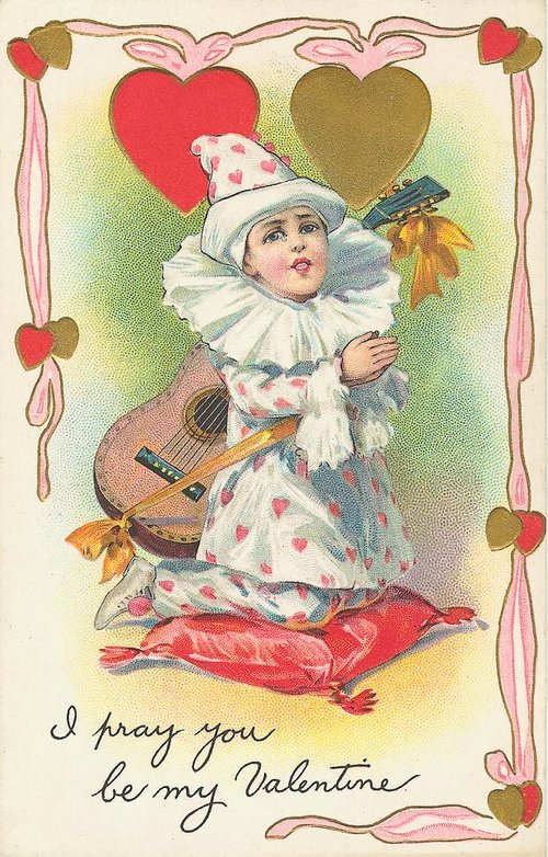 Victorian Valentine's Day Harlequin Child Musician Greeting Card
