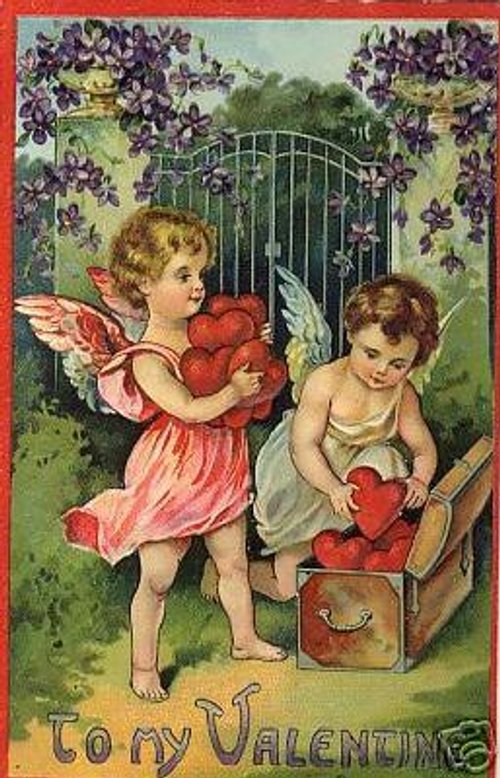 Victorian Cherub Valentine Card with Hearts and Violets