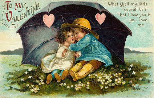 Victorian Valentine Greeting Card: Children Under Umbrella