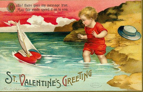 Victorian St. Valentine's Greeting Card with Child & Sailboat