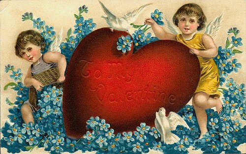 Victorian Cherub Valentine Card with Red Heart & Blue Flowers