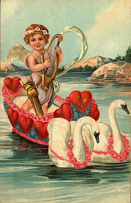 Victorian Cupid Harp Angel Valentine with Swans Greeting Card